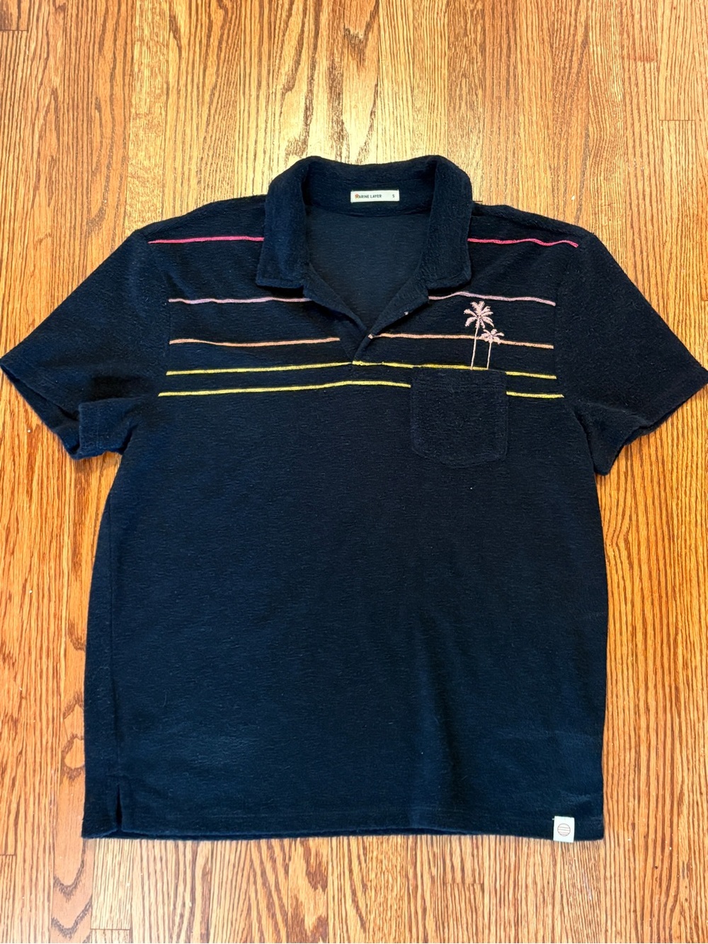 Marine Layer Men's Terry Out Sunset Stripe Polo Shirt Navy Blue Palm Tree Small